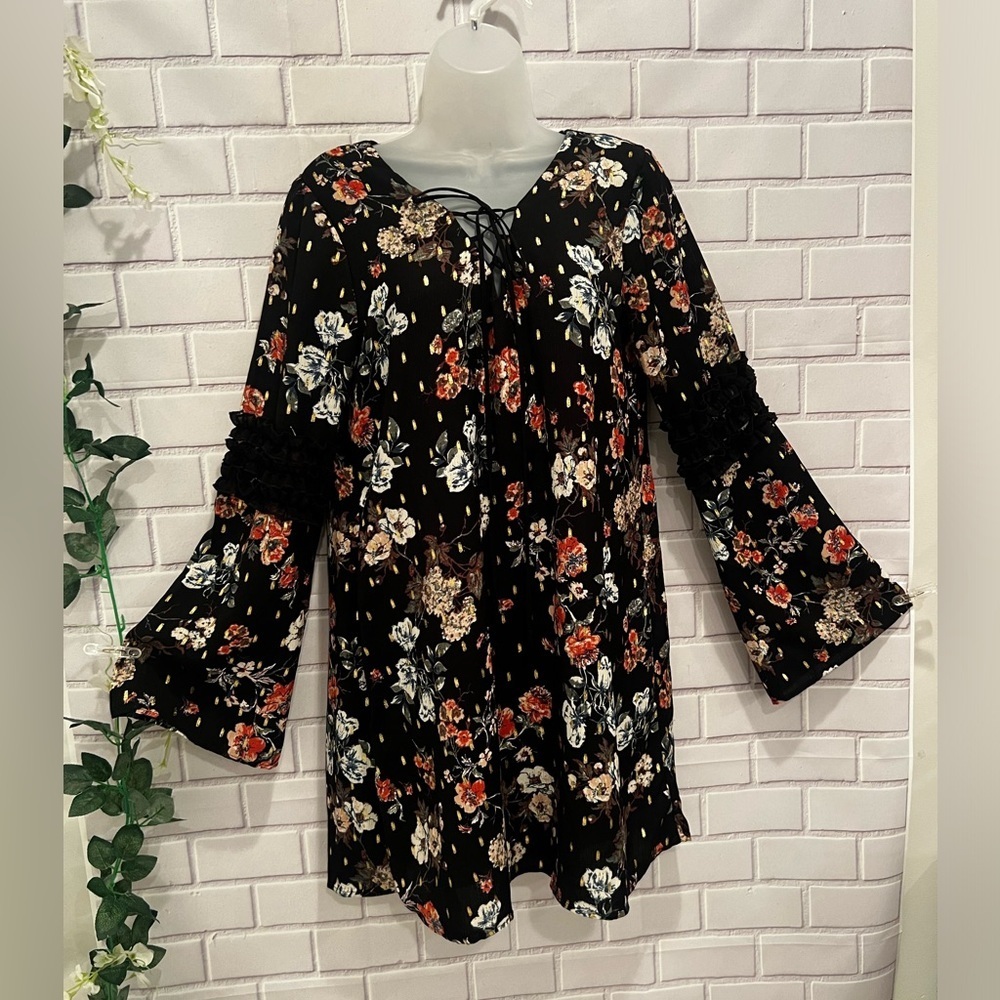 AS U WISH women floral black bell sleeves dress/size M
